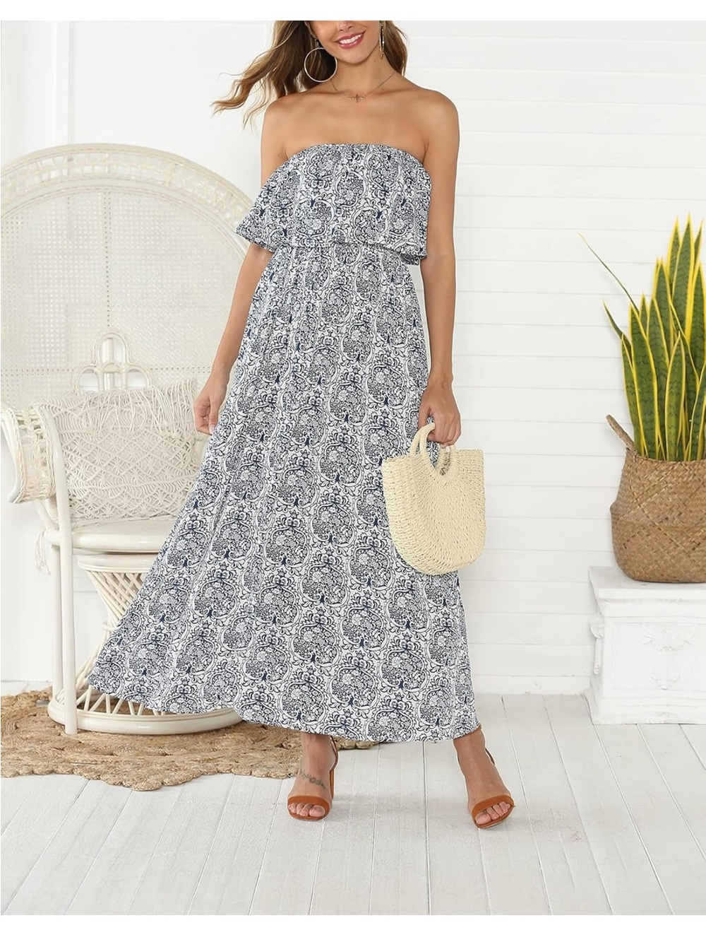 Strapless Ruffle Maxi Dress in Navy and White